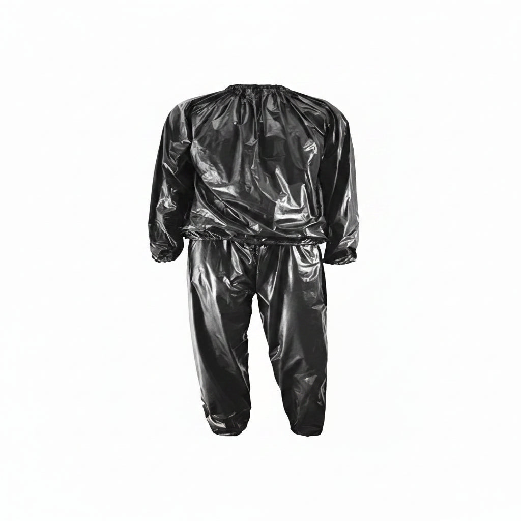 Traje negro brillante, vista trasera, ideal para actividades al aire libre